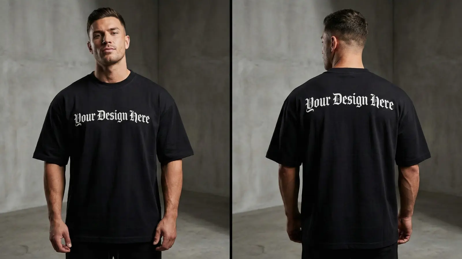 Model wearing a premium oversized black t-shirt showing front and back view with 'Your Design Here' placeholder text for custom printing.