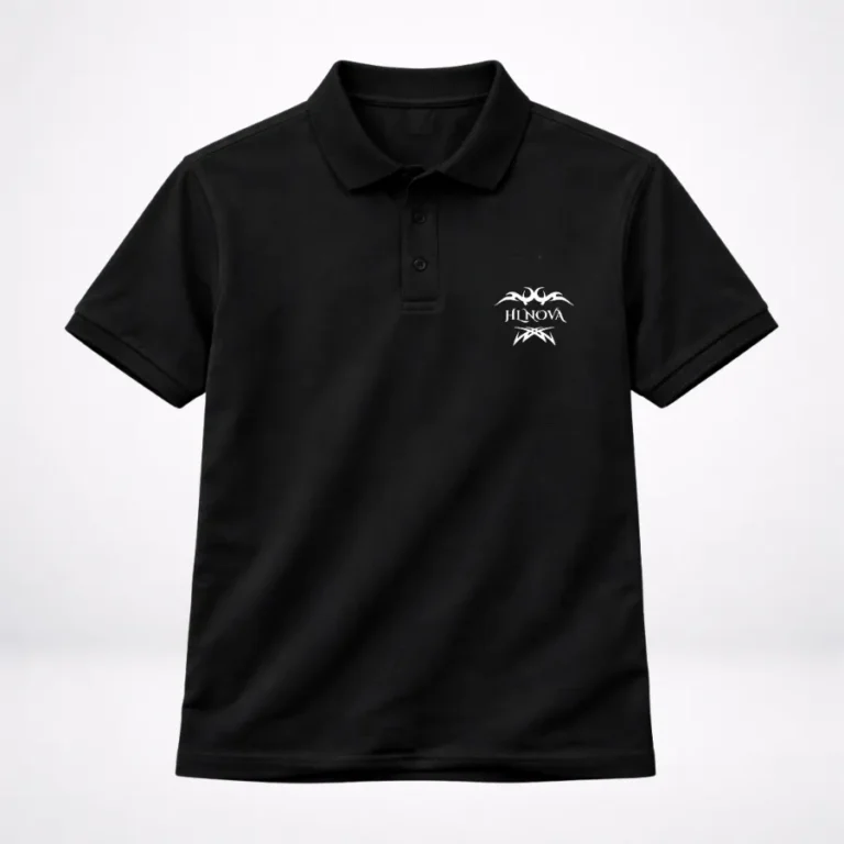 A professional flat lay catalog image of a black HL NOVA men’s polo t-shirt with a white graphic logo on the left chest against a clean white background.
