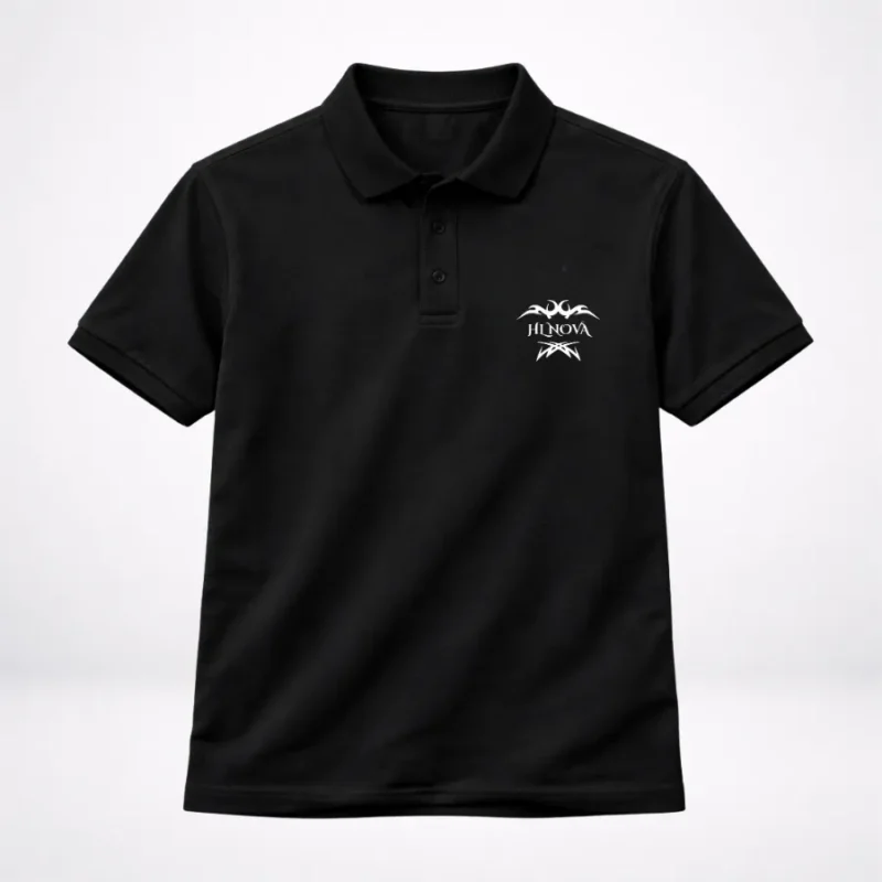 A professional flat lay catalog image of a black HL NOVA men’s polo t-shirt with a white graphic logo on the left chest against a clean white background.