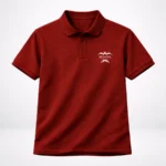 A professional flat lay catalog image of a bricks red HL NOVA men’s polo t-shirt featuring the brand logo prominently on the chest area.