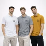 A group of models showcasing the HL NOVA 220 GSM heavyweight polo T-shirt collection in white, heather gray, and mustard yellow, all featuring premium black embroidered logos.