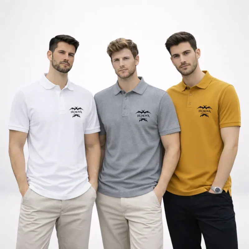 A group of models showcasing the HL NOVA 220 GSM heavyweight polo T-shirt collection in white, heather gray, and mustard yellow, all featuring premium black embroidered logos.