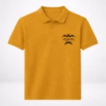 A vibrant mustard yellow HL NOVA 220 GSM polo T-shirt featuring a black embroidered tribal logo on the chest.