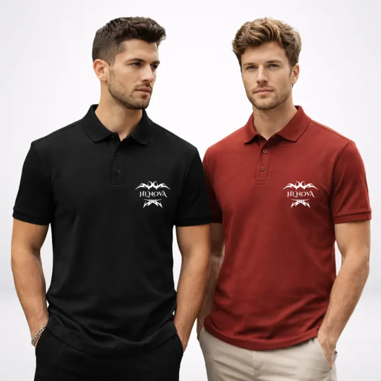 Two male models in a professional studio wearing HL NOVA Classic Men Polos in black and bricks red featuring the white brand logo on the chest.