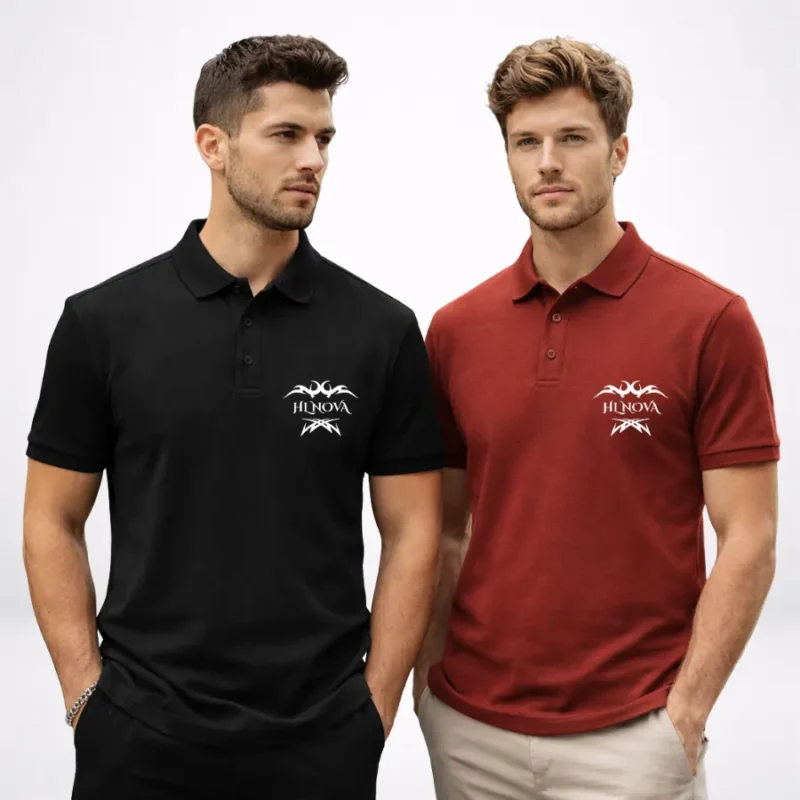 Two male models in a professional studio wearing HL NOVA Classic Men Polos in black and bricks red featuring the white brand logo on the chest.