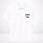 Men's white HL NOVA 220 GSM heavyweight polo T-shirt featuring a premium black embroidered brand logo on the chest.