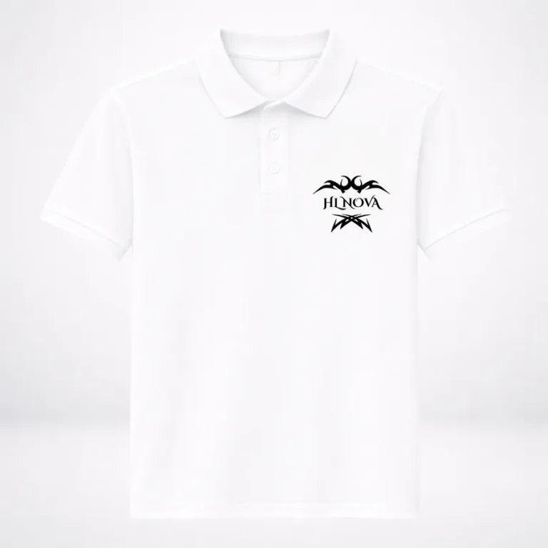 Men's white HL NOVA 220 GSM heavyweight polo T-shirt featuring a premium black embroidered brand logo on the chest.