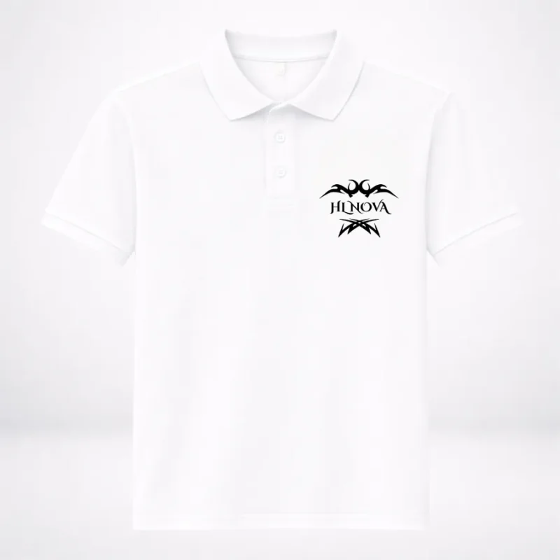 Men's white HL NOVA 220 GSM heavyweight polo T-shirt featuring a premium black embroidered brand logo on the chest.