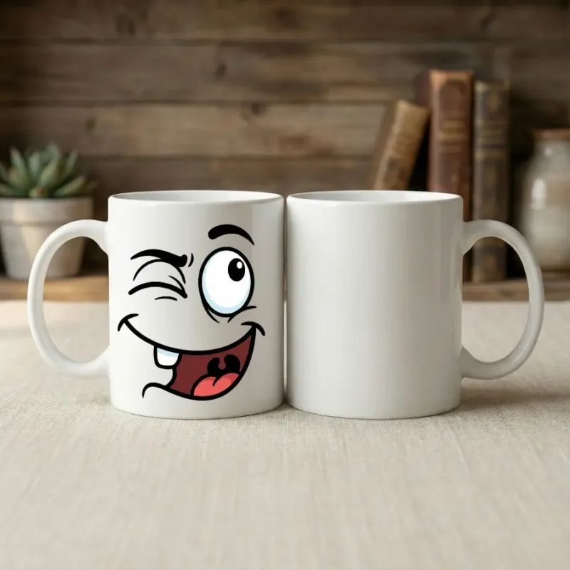 HL NOVA 11oz white ceramic coffee mug featuring a funny black cartoon winking face design, sitting on a desk with a rustic wooden background.