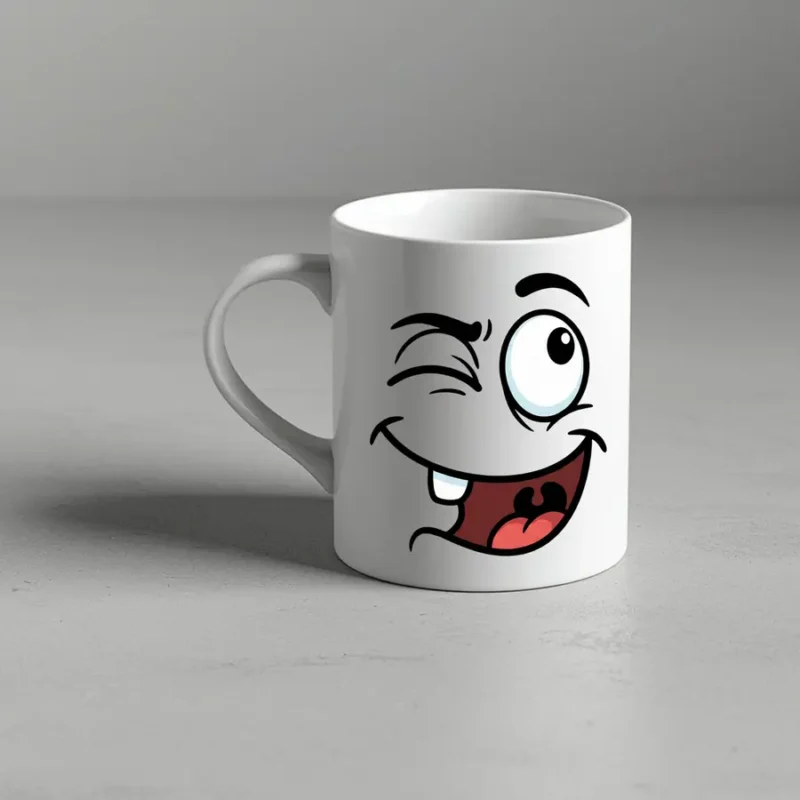 A white ceramic coffee mug featuring a bold, cartoon-style winking face with a wide, mischievous grin, a single visible tooth, and one large expressive eye, set against a neutral grey studio background.