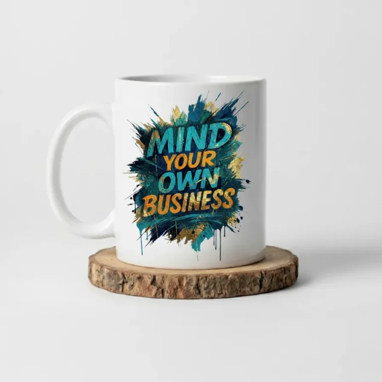 11oz White ceramic coffee mug with “Mind Your Own Business” text placed on a wooden stand.
