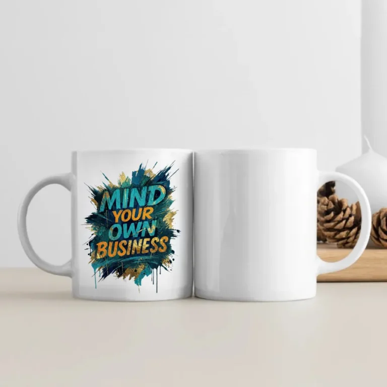 11oz White ceramic coffee mug side by side view with “Mind Your Own Business” beautiful and attractive creative graphic design. placed on the right side of the white coffee mug.