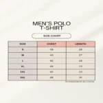 A clean, organized size chart for a Men’s Polo T-shirt with a cream colored background. The table includes three columns for Size, Chest, and Length, listing measurements in inches for sizes Small 38 by 26 through 3XL 48 by 31.