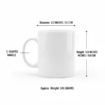 A professional product specification image of a white 11oz ceramic coffee mug right view. Clear black arrows indicate the technical dimensions: 3.8 inches in height and a 3.2-inch diameter (11oz capacity), along with a label for the comfortable C-shaped handle. Set against a clean, light grey studio background.