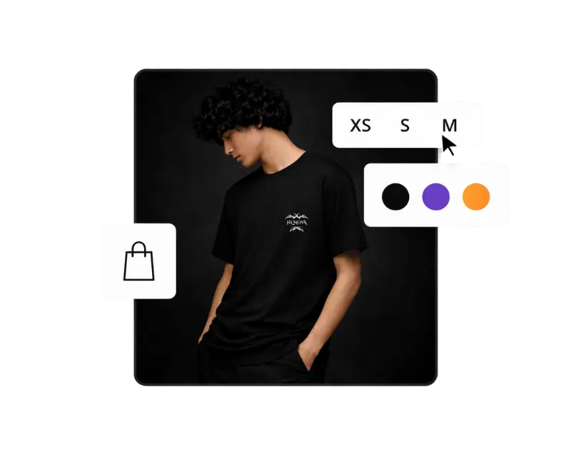 Male model wearing a premium black t-shirt with a white logo on the chest, featuring a minimalist e-commerce interface with size and color selectors on a dark background.