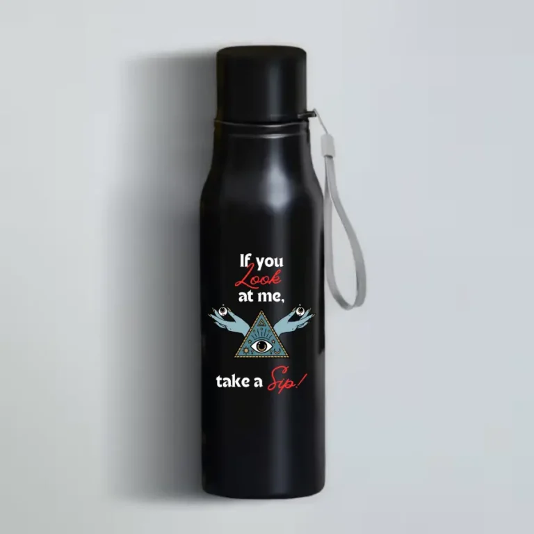HL NOVA 750ml matte black stainless steel water bottle featuring a high-detail "Take a Sip" engraving with a mystical eye and pyramid graphic.