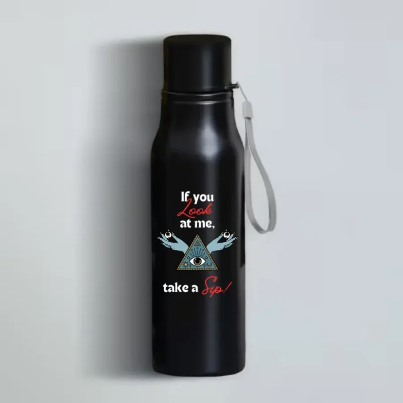 HL NOVA 750ml matte black stainless steel water bottle featuring a high-detail "Take a Sip" engraving with a mystical eye and pyramid graphic.