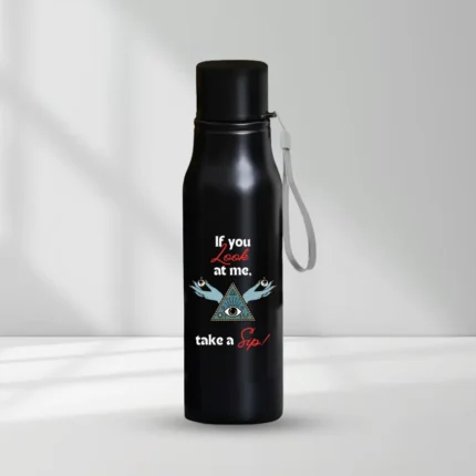 HL NOVA 750ml matte black stainless steel water bottle featuring a high-detail "Take a Sip" engraving with a mystical eye and pyramid graphic.