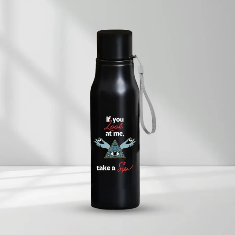 HL NOVA 750ml matte black stainless steel water bottle featuring a high-detail "Take a Sip" engraving with a mystical eye and pyramid graphic.