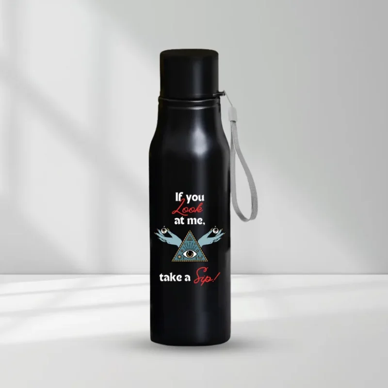 HL NOVA 750ml matte black stainless steel water bottle featuring a high-detail "Take a Sip" engraving with a mystical eye and pyramid graphic.