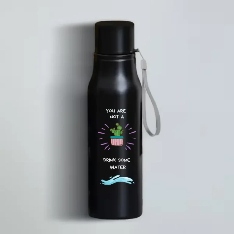 HL NOVA 750ml matte black stainless steel water bottle featuring a high-detail "Drink Some Water" engraving with a a cactus and "You are not" text.