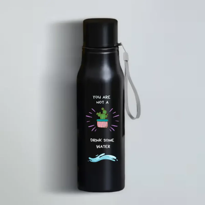 HL NOVA 750ml matte black stainless steel water bottle featuring a high-detail "Drink Some Water" engraving with a a cactus and "You are not" text.