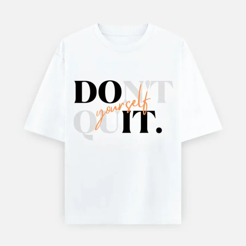 240 GSM Oversized white graphic tee with 'Do It Yourself' typography, minimalist streetwear design.