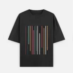 Black oversized t-shirt by HL NOVA featuring a multi-colored abstract vertical line graphic on the front.