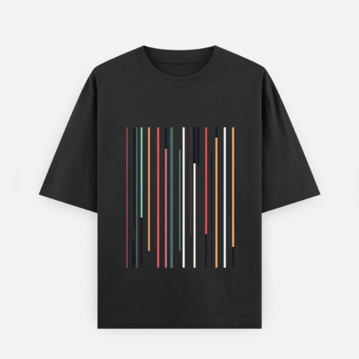 abstract-line-art-oversized-tshirt-black-front Black oversized t-shirt by HL NOVA featuring a multi-colored abstract vertical line graphic on the front.