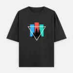 A 240 GSM heavy cotton black oversized unisex t-shirt featuring a colorful grunge geometric forest design with trees inside a triangle