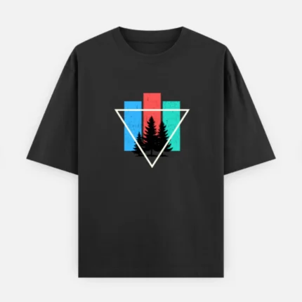 A 240 GSM heavy cotton black oversized unisex t-shirt featuring a colorful grunge geometric forest design with trees inside a triangle