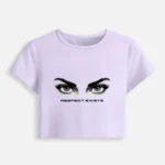 Lavender womens cropped baby tee with Respect Exists eye graphic front view