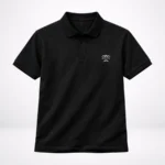 A professional flat lay catalog image of a black HL NOVA men’s polo t-shirt with a white graphic logo on the left chest against a clean white background.
