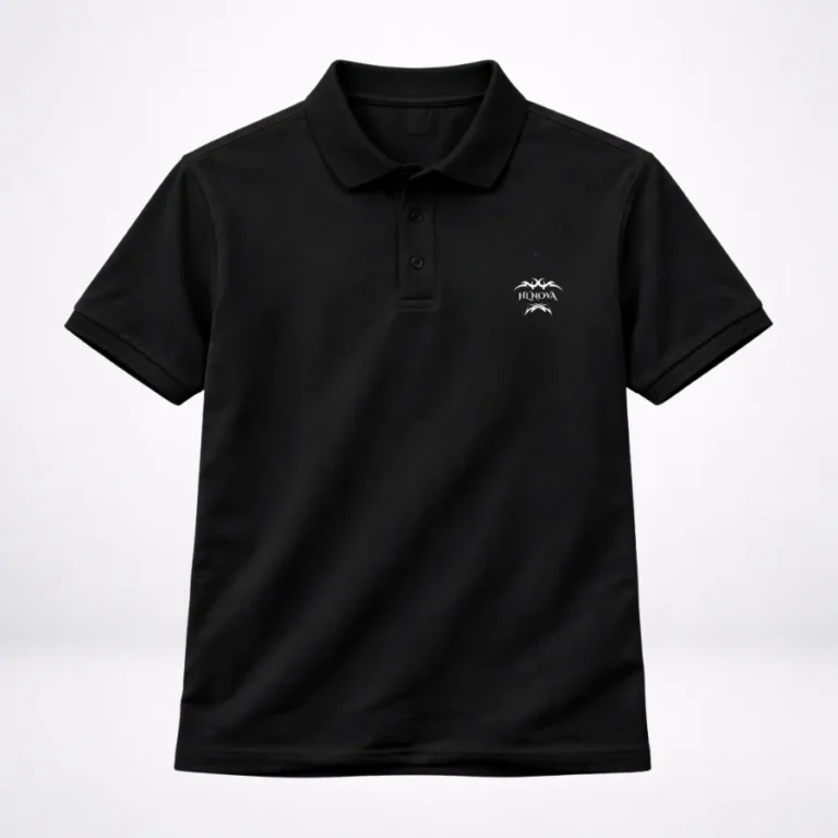 A professional flat lay catalog image of a black HL NOVA men’s polo t-shirt with a white graphic logo on the left chest against a clean white background.