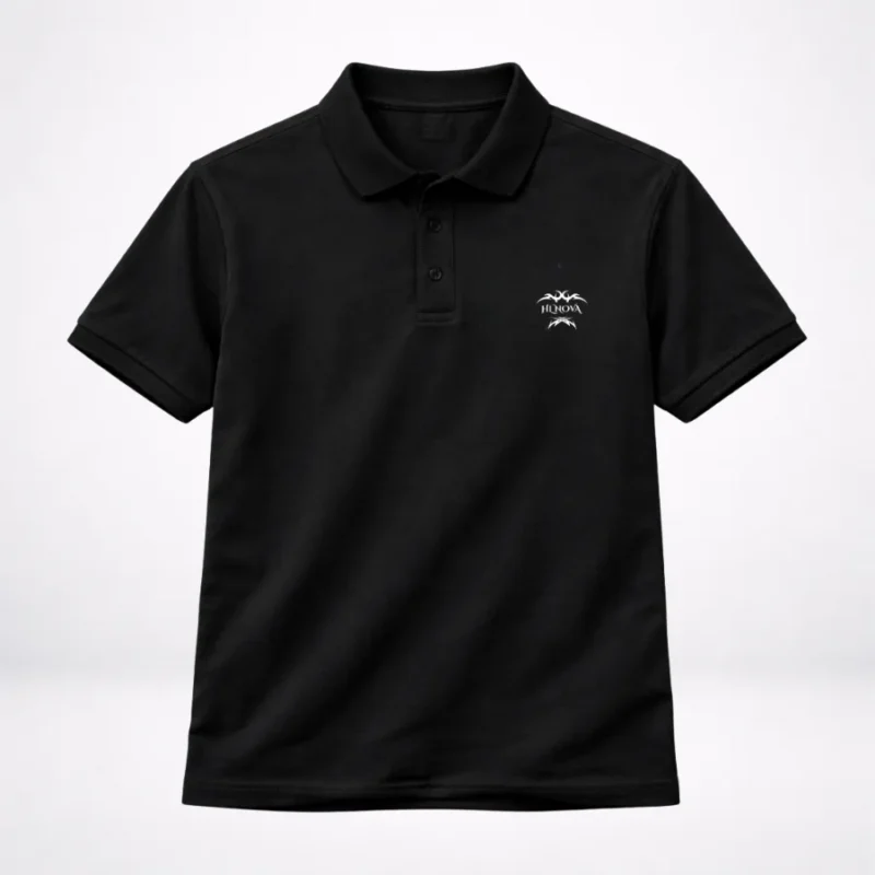 A professional flat lay catalog image of a black HL NOVA men’s polo t-shirt with a white graphic logo on the left chest against a clean white background.