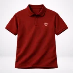 A professional flat lay catalog image of a bricks red HL NOVA men’s polo t-shirt featuring the brand logo prominently on the chest area.