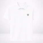 A clean white HL NOVA 220 GSM heavyweight polo T-shirt with a black embroidered logo, shown in a professional lifestyle studio shot.