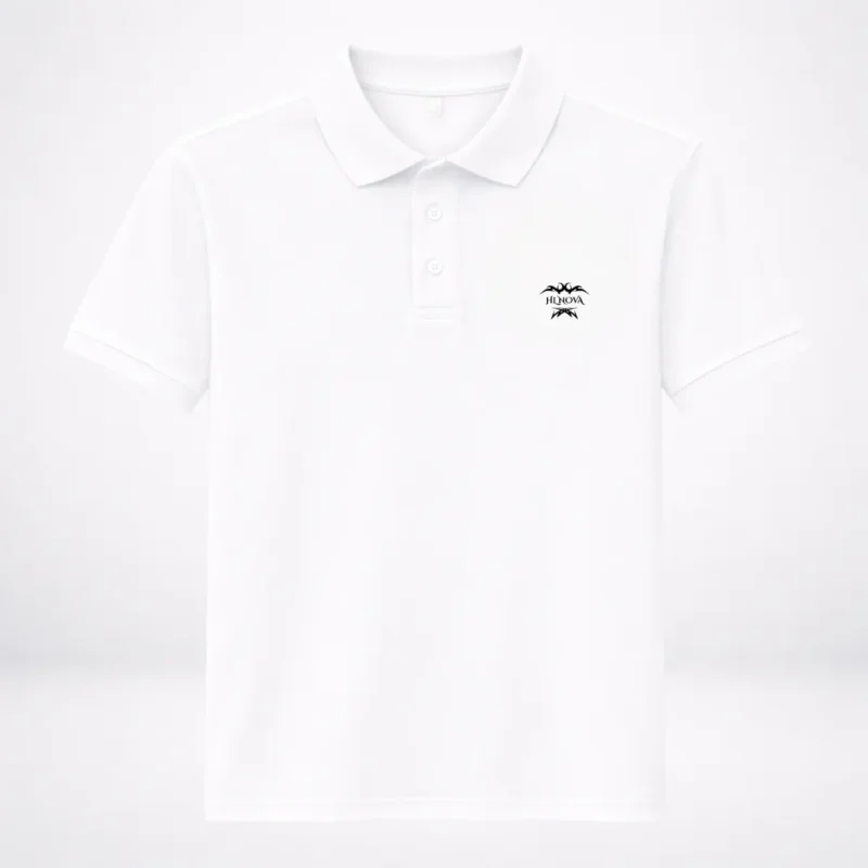 A clean white HL NOVA 220 GSM heavyweight polo T-shirt with a black embroidered logo, shown in a professional lifestyle studio shot.