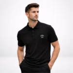 A side profile view of a male model promoting an HL NOVA black polo shirt with a white brand logo while looking away from the camera.