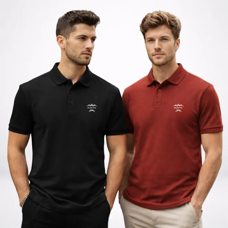 Two male models in a professional studio wearing HL NOVA Classic Men Polos in black and bricks red featuring the white brand logo on the chest.