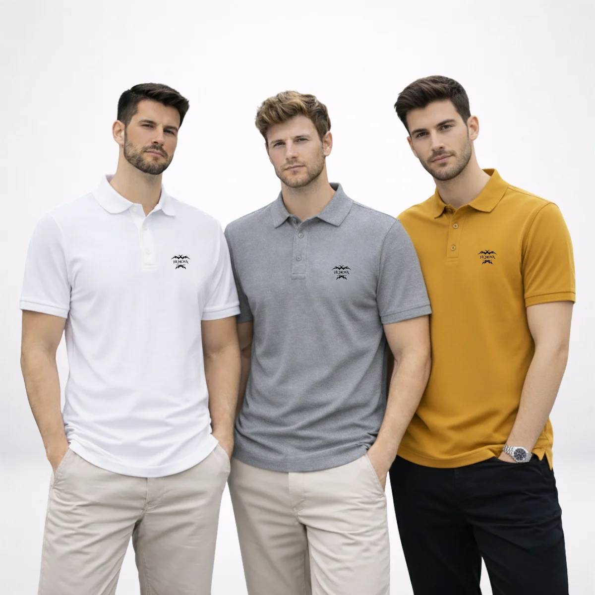 hl-nova-men-polo-collection-white-gray-mustard-yellow A group of models showcasing the HL NOVA 220 GSM heavyweight polo T-shirt collection in white, heather gray, and mustard yellow, all featuring premium black embroidered logos.