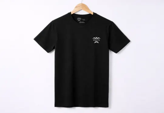 HL NOVA black crewneck plain T-shirt mockup, made of premium cotton, hanging on a wood hanger with a detailed white neck tag showing the black brand logo.