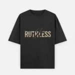 Front view of an HL NOVA black oversized t-shirt featuring the textured word RUTHLESS printed horizontally across the chest with distressed claw marks slashing through it.
