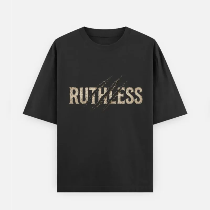 Front view of an HL NOVA black oversized t-shirt featuring the textured word RUTHLESS printed horizontally across the chest with distressed claw marks slashing through it.
