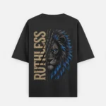 Back view of an HL NOVA black oversized t-shirt featuring a large graphic of a lion with blue eyes and blue mane highlights, split by claw marks alongside the vertical textured text RUTHLESS.