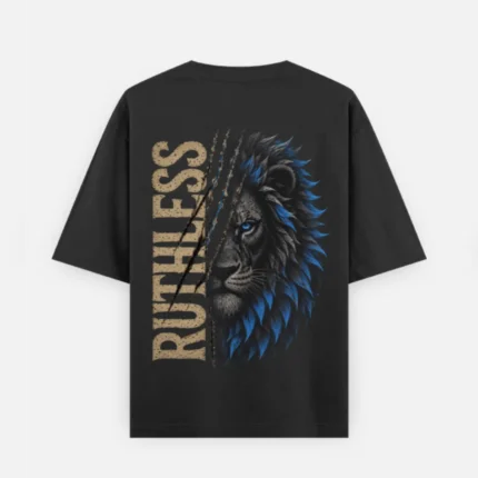 Back view of an HL NOVA black oversized t-shirt featuring a large graphic of a lion with blue eyes and blue mane highlights, split by claw marks alongside the vertical textured text RUTHLESS.