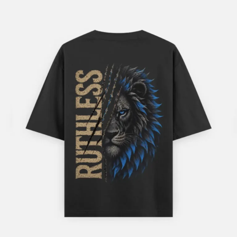 Back view of an HL NOVA black oversized t-shirt featuring a large graphic of a lion with blue eyes and blue mane highlights, split by claw marks alongside the vertical textured text RUTHLESS.