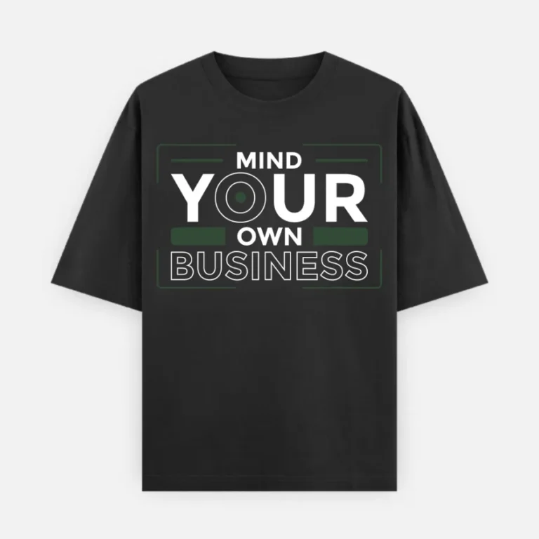 240 GSM Oversized graphic tee with 'Mind Your Own Business' typography, minimalist streetwear design.240 GSM Oversized black graphic tee with 'Mind Your Own Business' typography, minimalist streetwear design.
