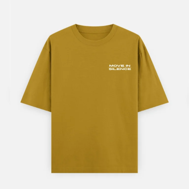Mustard Yellow 240 GSM cotton oversized printed t-shirt front view with the MOVE IN SILENCE white lettering.