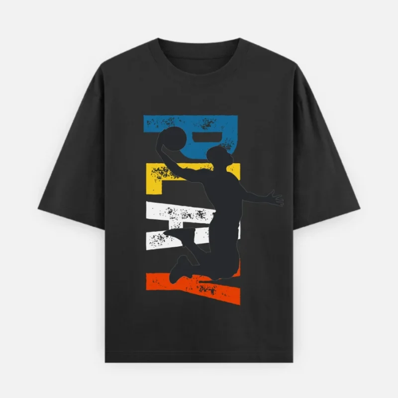 Oversized black t-shirt 240GSM with colorful distressed PLAY basketball dunk graphic